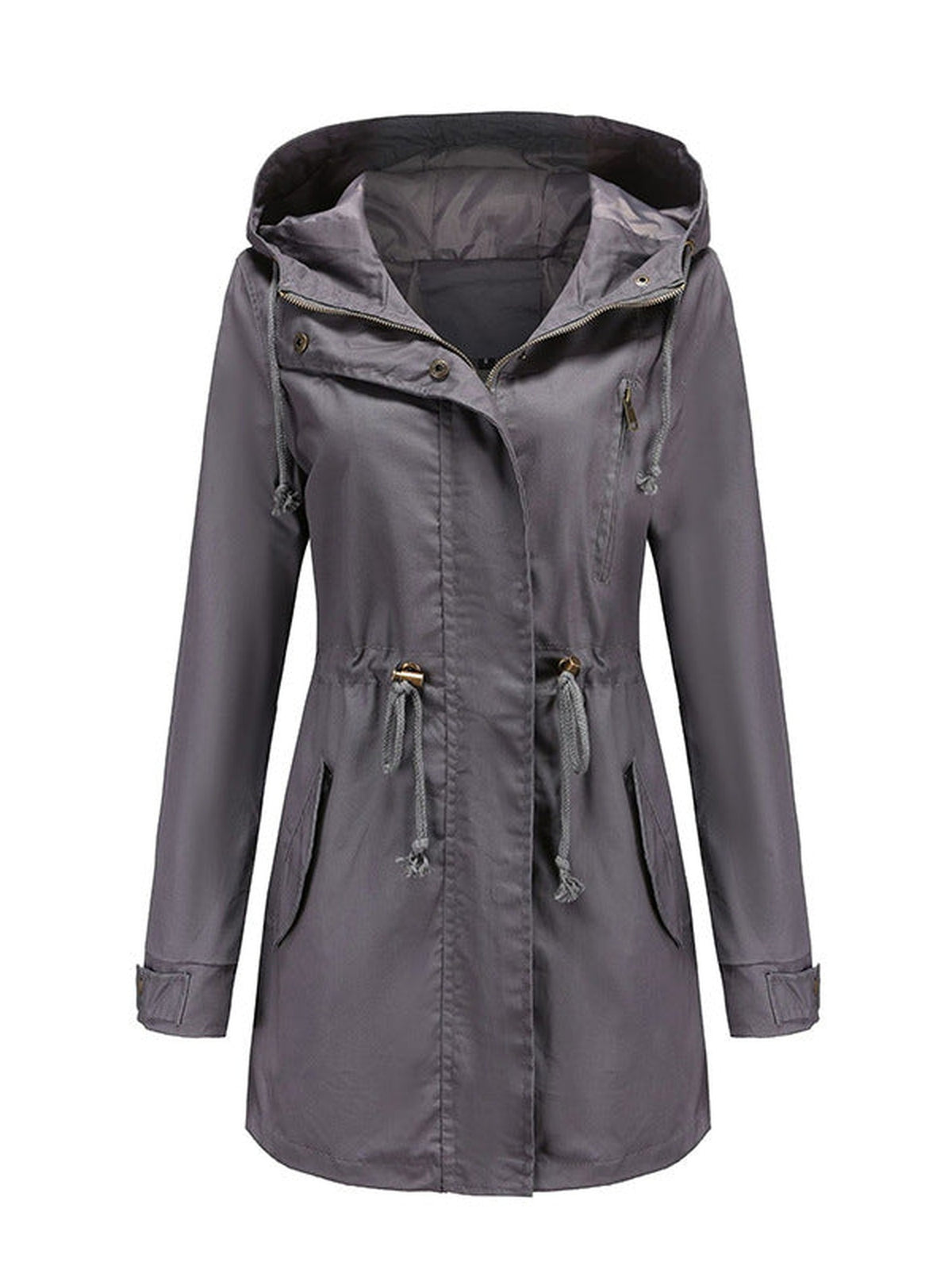 95% Polyester Hooded Parka, Drawstring Waist – Women – Grey – front