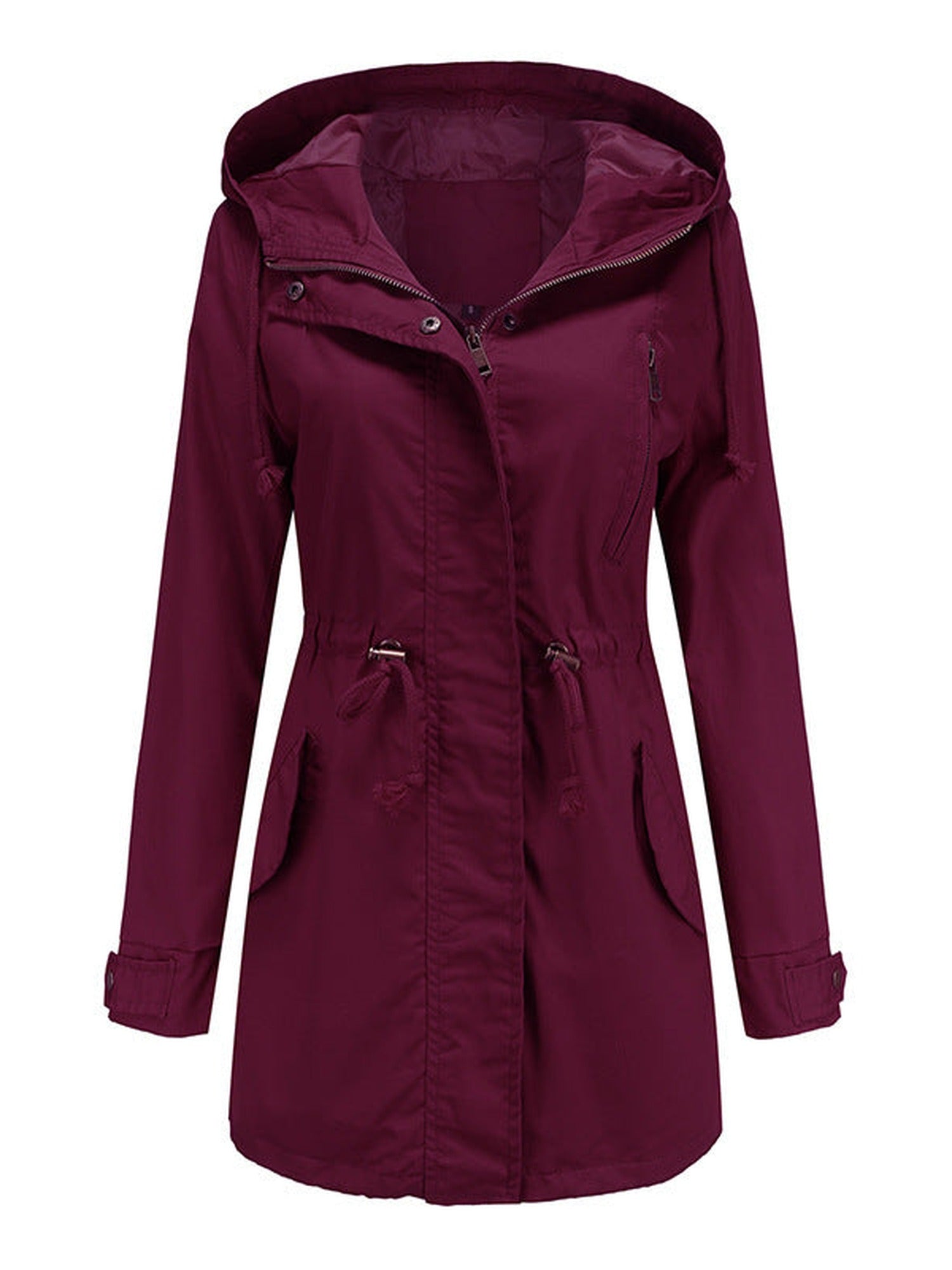 95% Polyester Hooded Parka, Drawstring Waist – Women – Burgundy – front