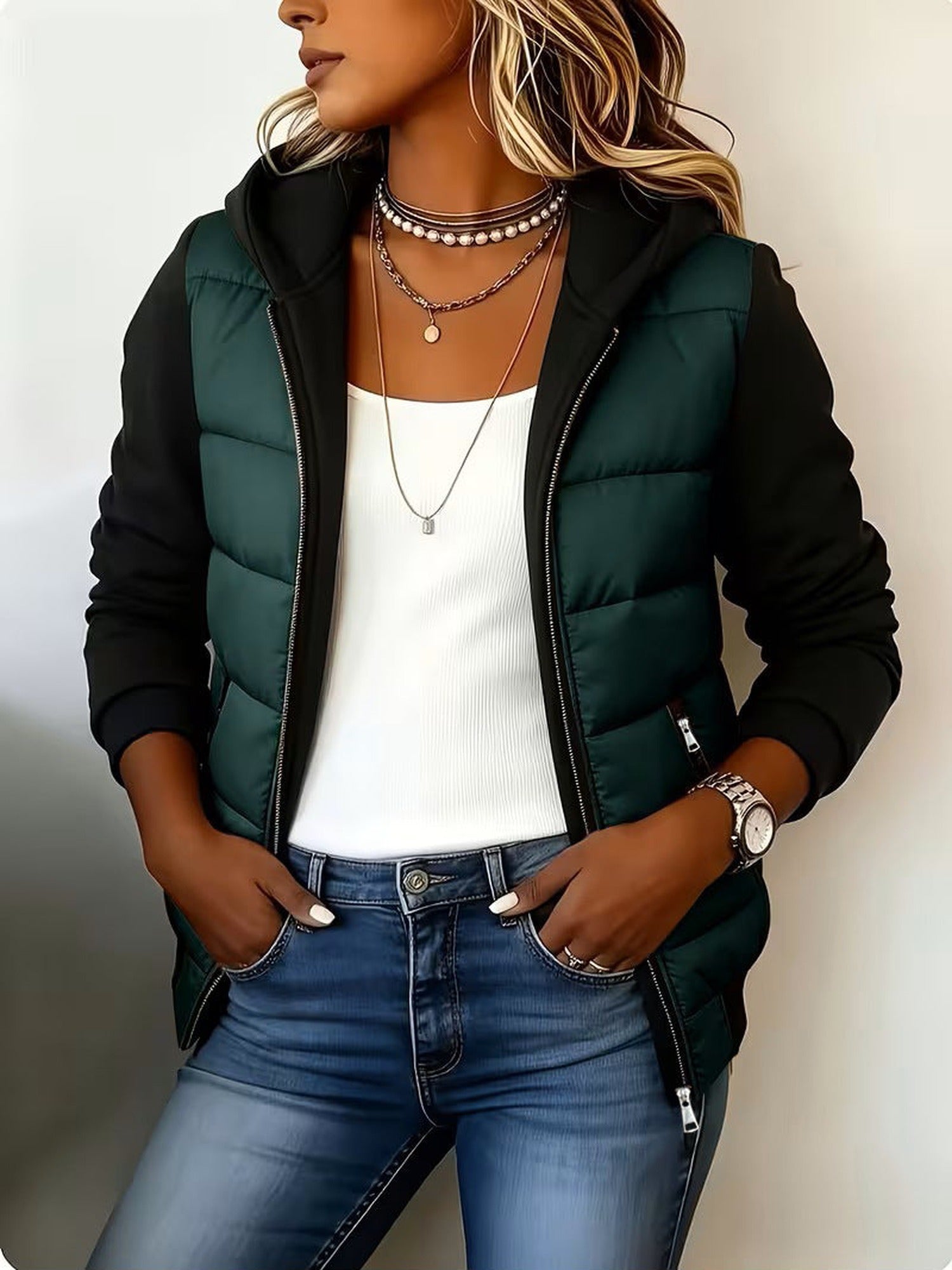 100% Polyester Hooded Puffer Jacket, Knit Sleeves – Women – Forest Green – worn