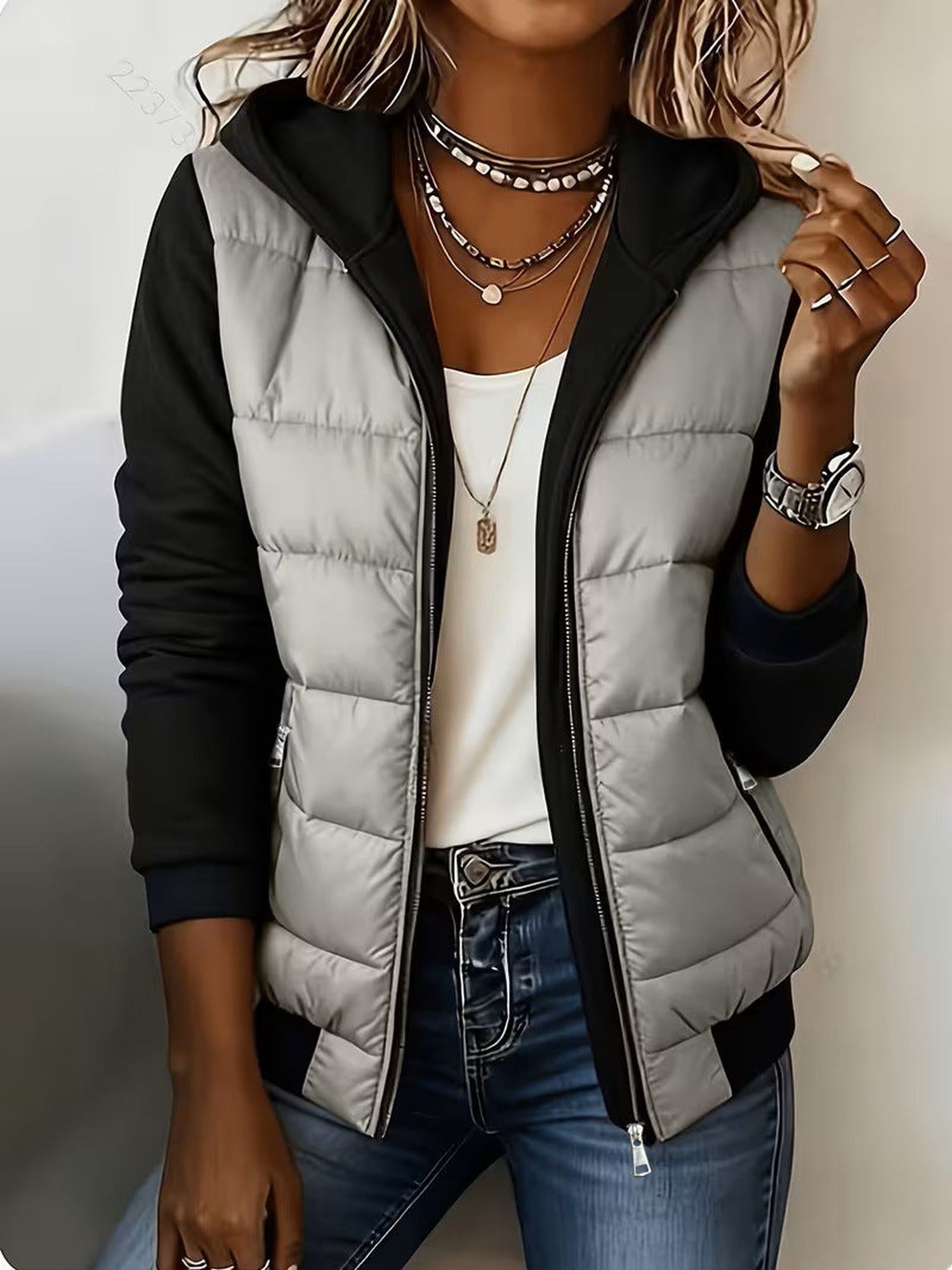 100% Polyester Hooded Puffer Jacket, Knit Sleeves – Women – Grey – worn