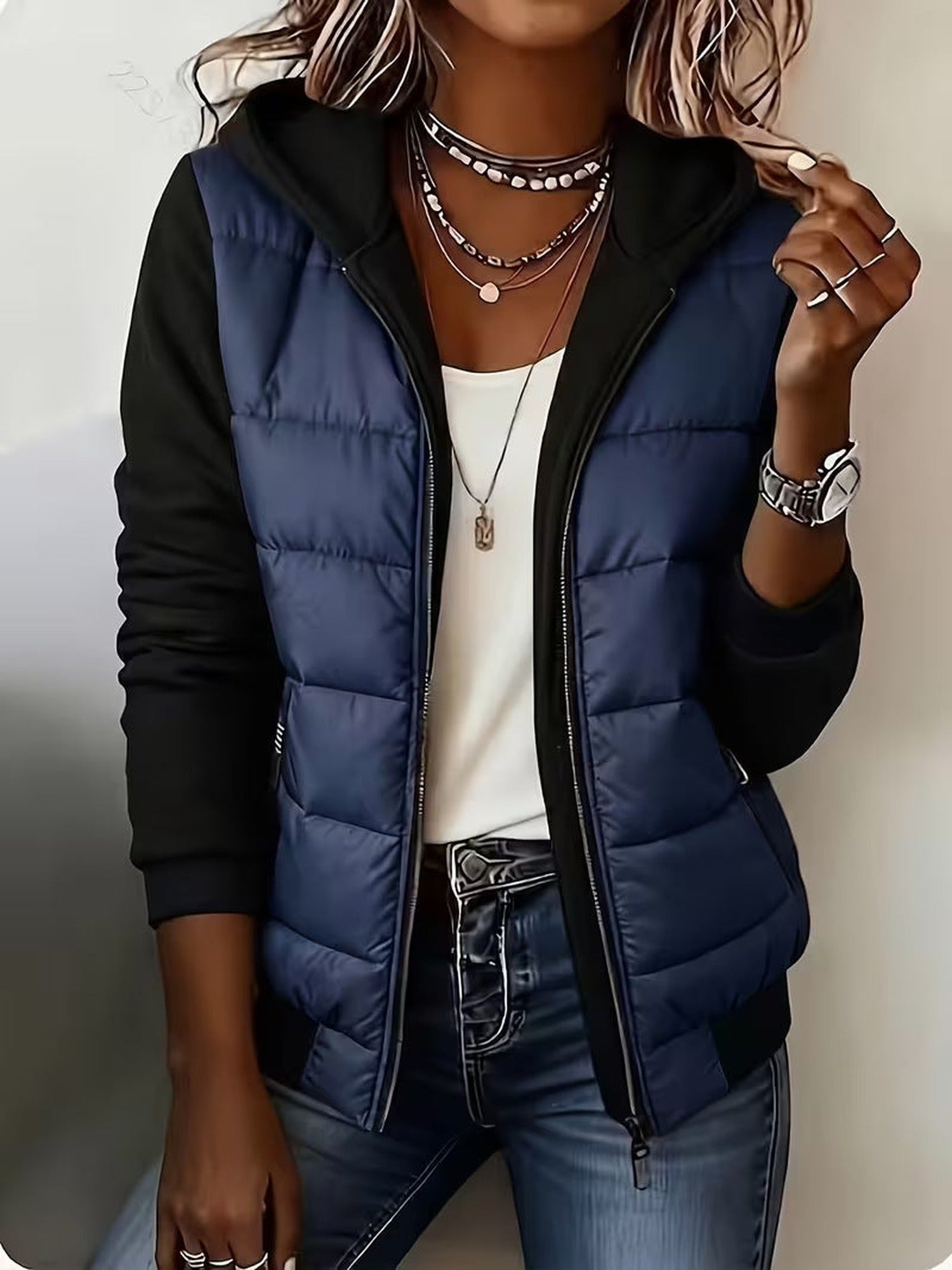 100% Polyester Hooded Puffer Jacket, Knit Sleeves – Women – Navy – worn