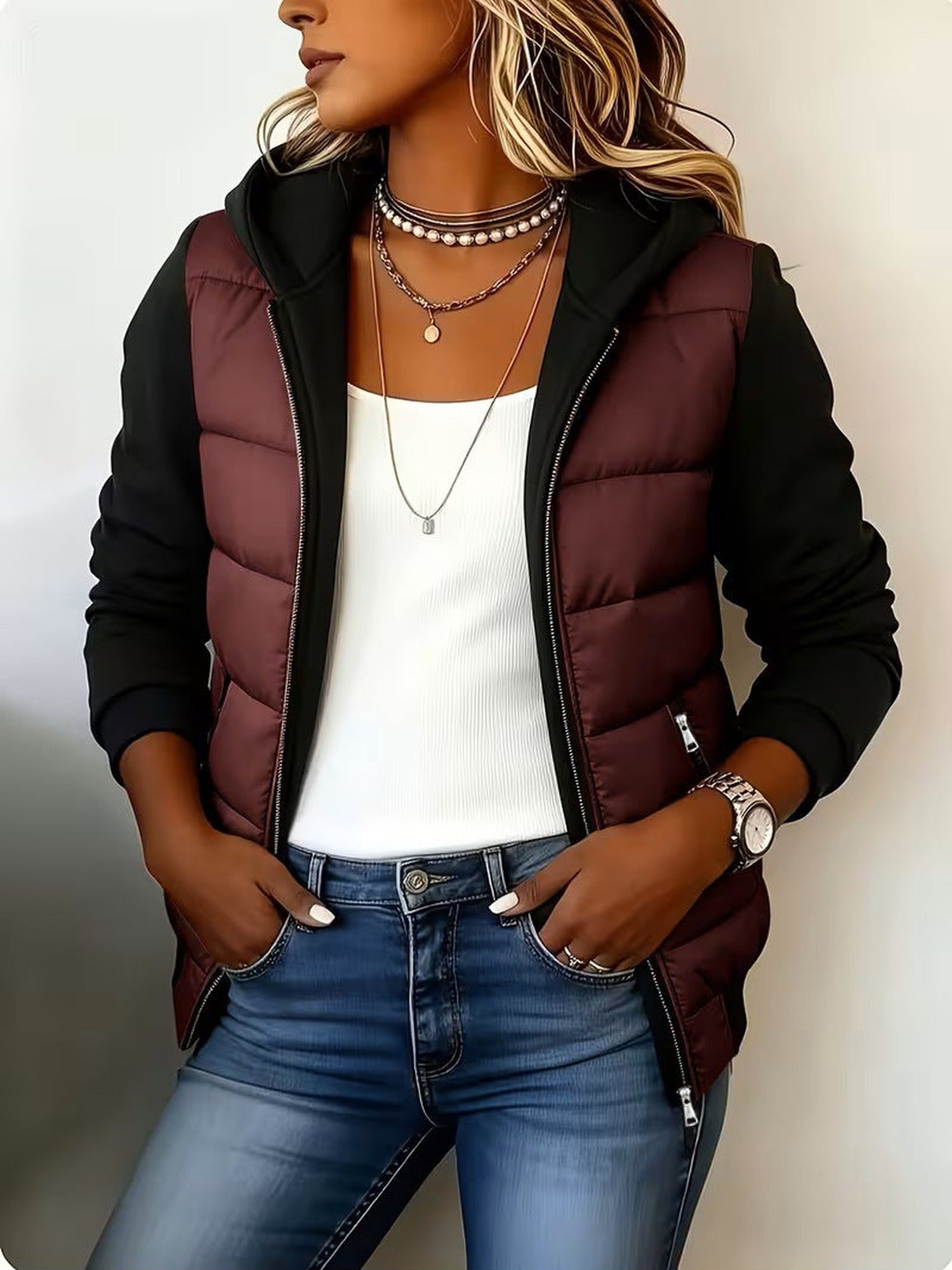 100% Polyester Hooded Puffer Jacket, Knit Sleeves – Women – Burgundy – worn