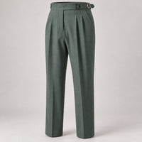 High-Waist Pleated Trousers, Side Buckles & Paris Tab – Men – Forest Green – front