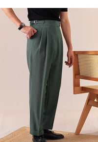 High-Waist Pleated Trousers, Side Buckles & Paris Tab – Men – Forest Green – worn, full length
