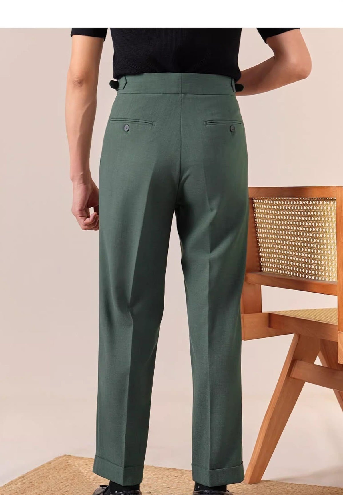 High-Waist Pleated Trousers, Side Buckles & Paris Tab – Men – Forest Green – worn, back