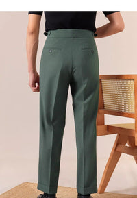 High-Waist Pleated Trousers, Side Buckles & Paris Tab – Men – Forest Green – worn, back
