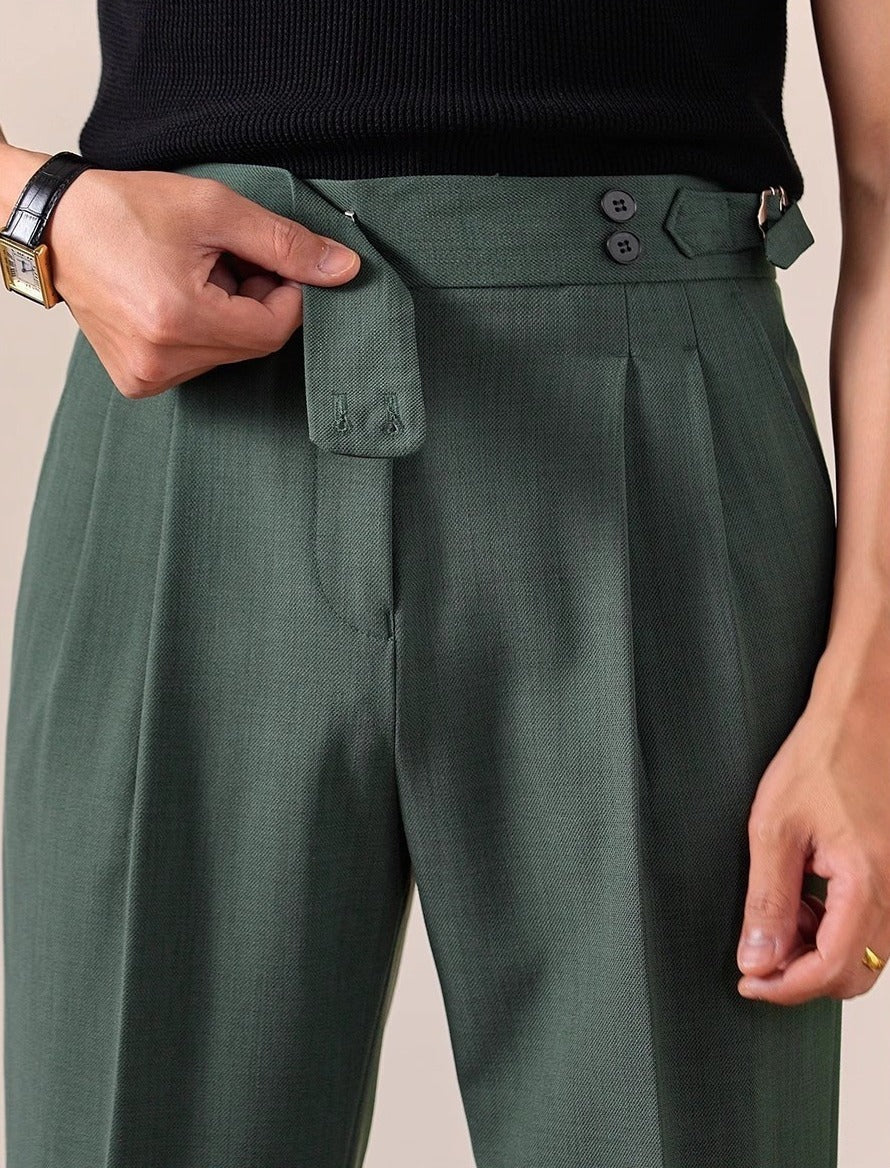 High-Waist Pleated Trousers, Side Buckles & Paris Tab – Men – Forest Green – Paris tab detail