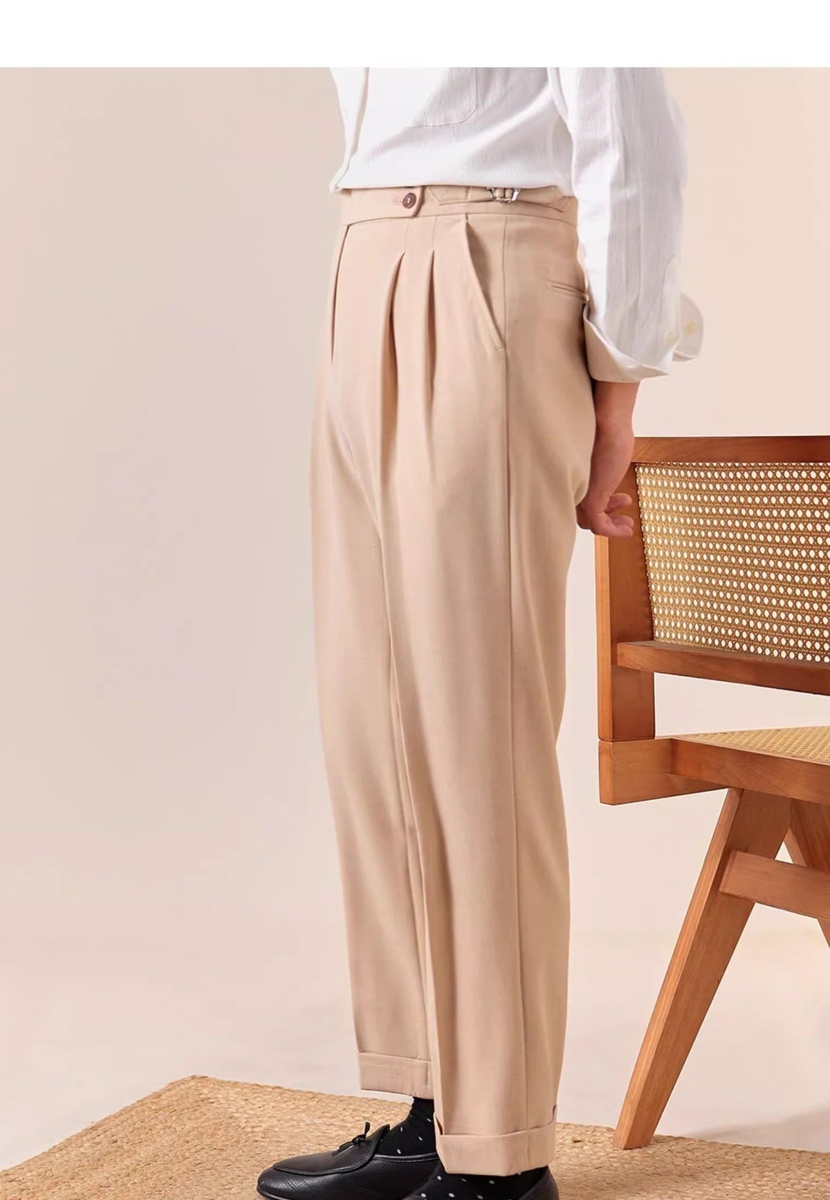 High-Waist Pleated Trousers, Side Buckles & Paris Tab – Men – Beige – worn, full length