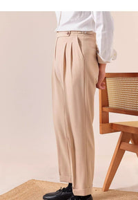 High-Waist Pleated Trousers, Side Buckles & Paris Tab – Men – Beige – worn, full length