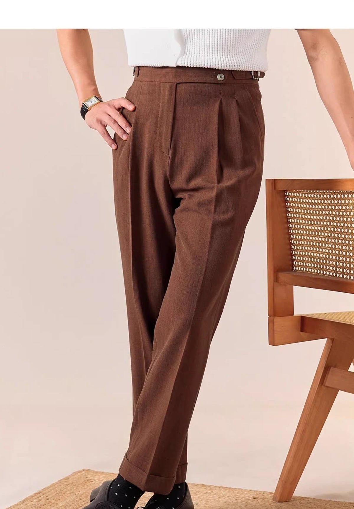 High-Waist Pleated Trousers, Side Buckles & Paris Tab – Men – Brown – worn, side