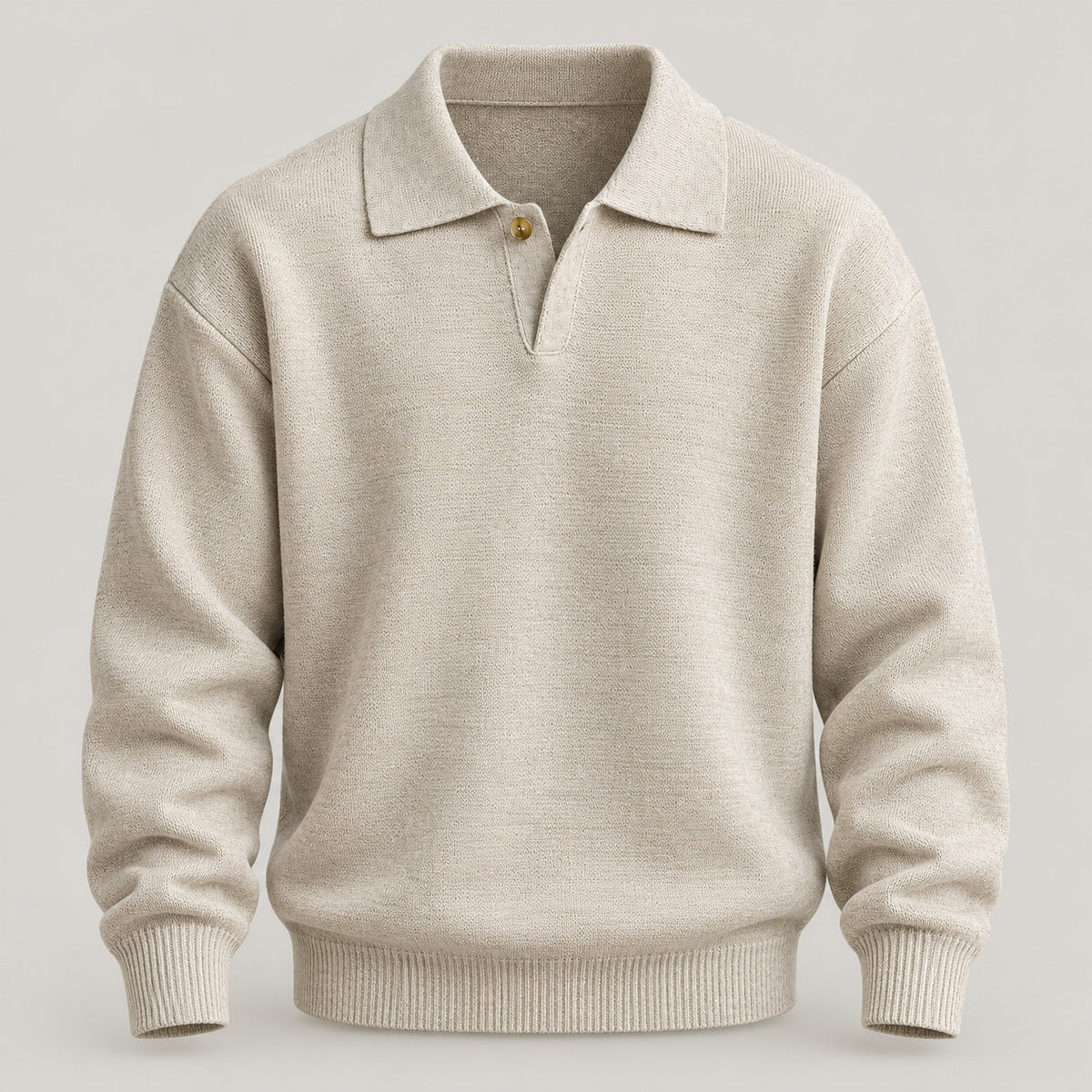 7-Gauge Knit Polo Sweater, Open Collar – Men – Cream – worn, seated