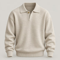 7-Gauge Knit Polo Sweater, Open Collar – Men – Cream – worn, seated