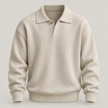 7-Gauge Knit Polo Sweater, Open Collar – Men – Cream – worn, seated