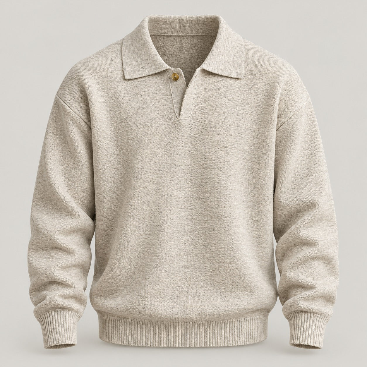 7-Gauge Knit Polo Sweater, Open Collar – Men – Cream – worn, seated