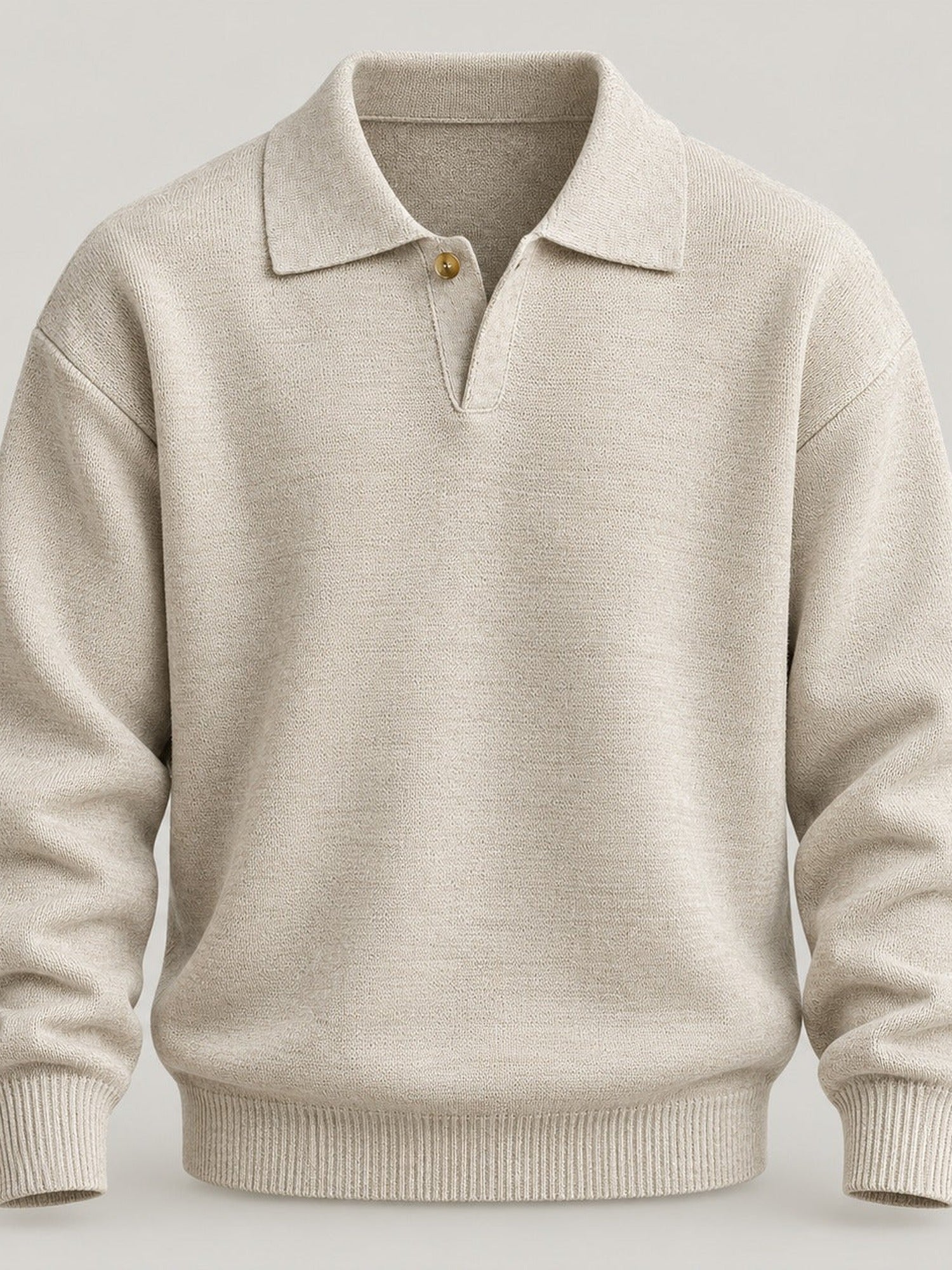 7-Gauge Knit Polo Sweater, Open Collar – Men – Cream – worn, seated