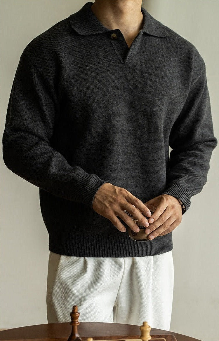 7-Gauge Knit Polo Sweater, Open Collar – Men – Charcoal – worn