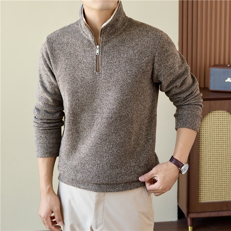 Brushed Knit Half-Zip Sweater, Stand Collar – Men – Brown – worn, front
