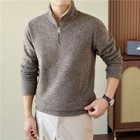 Brushed Knit Half-Zip Sweater, Stand Collar – Men – Brown – worn, front