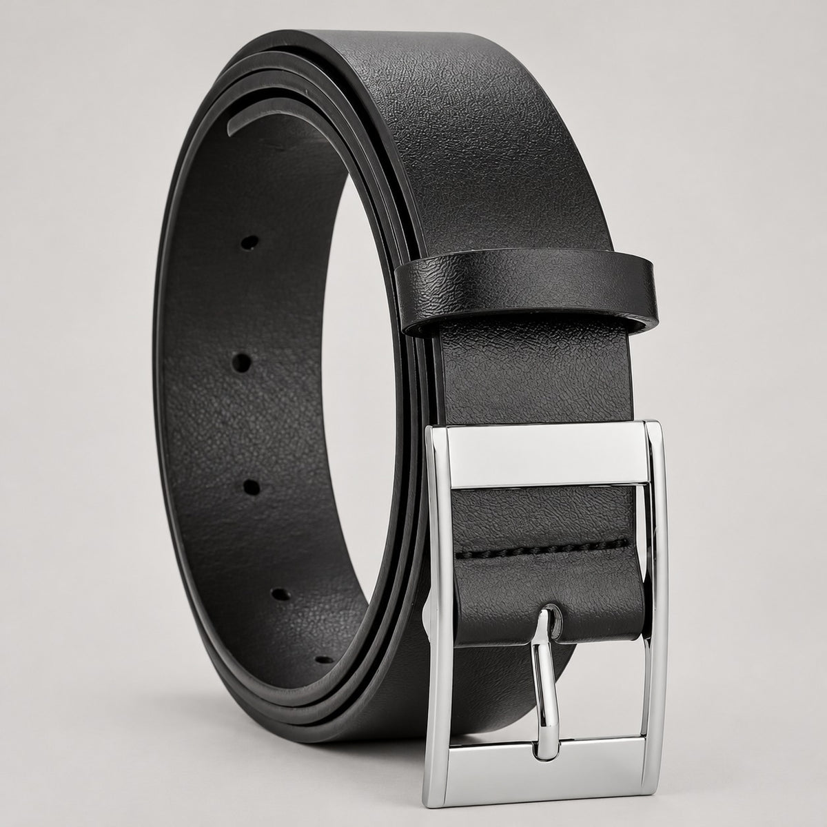 Leather-Look Pin Buckle Belt – Men – Black · Silver Buckle – front