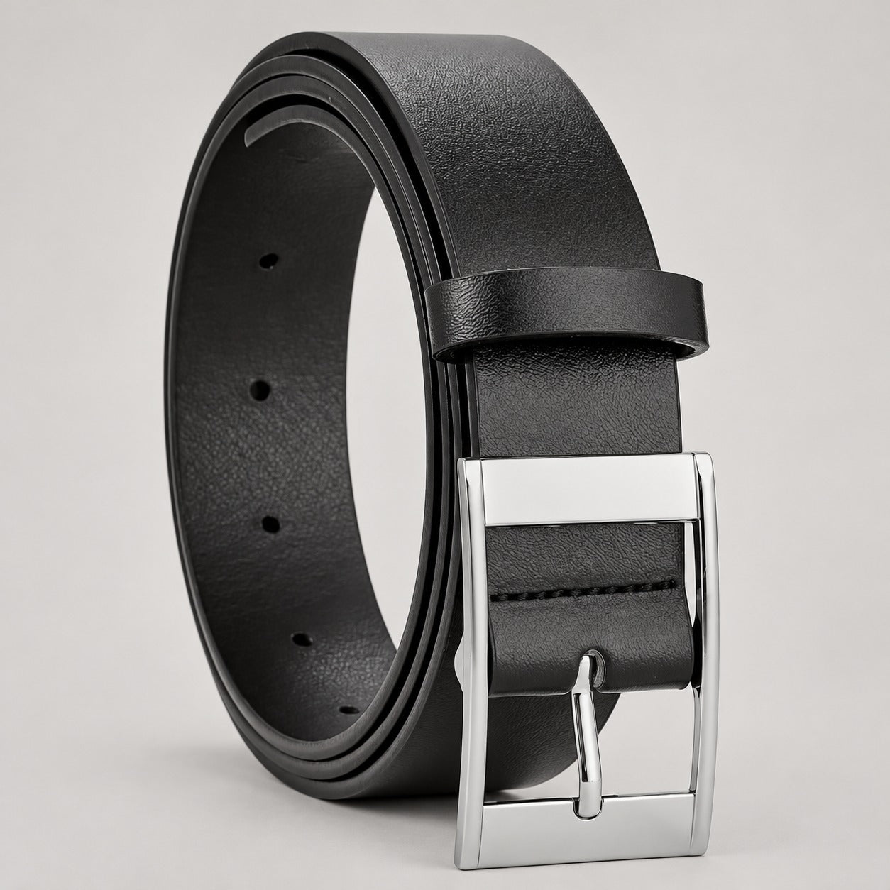 Leather-Look Pin Buckle Belt – Men – Black · Silver Buckle – front