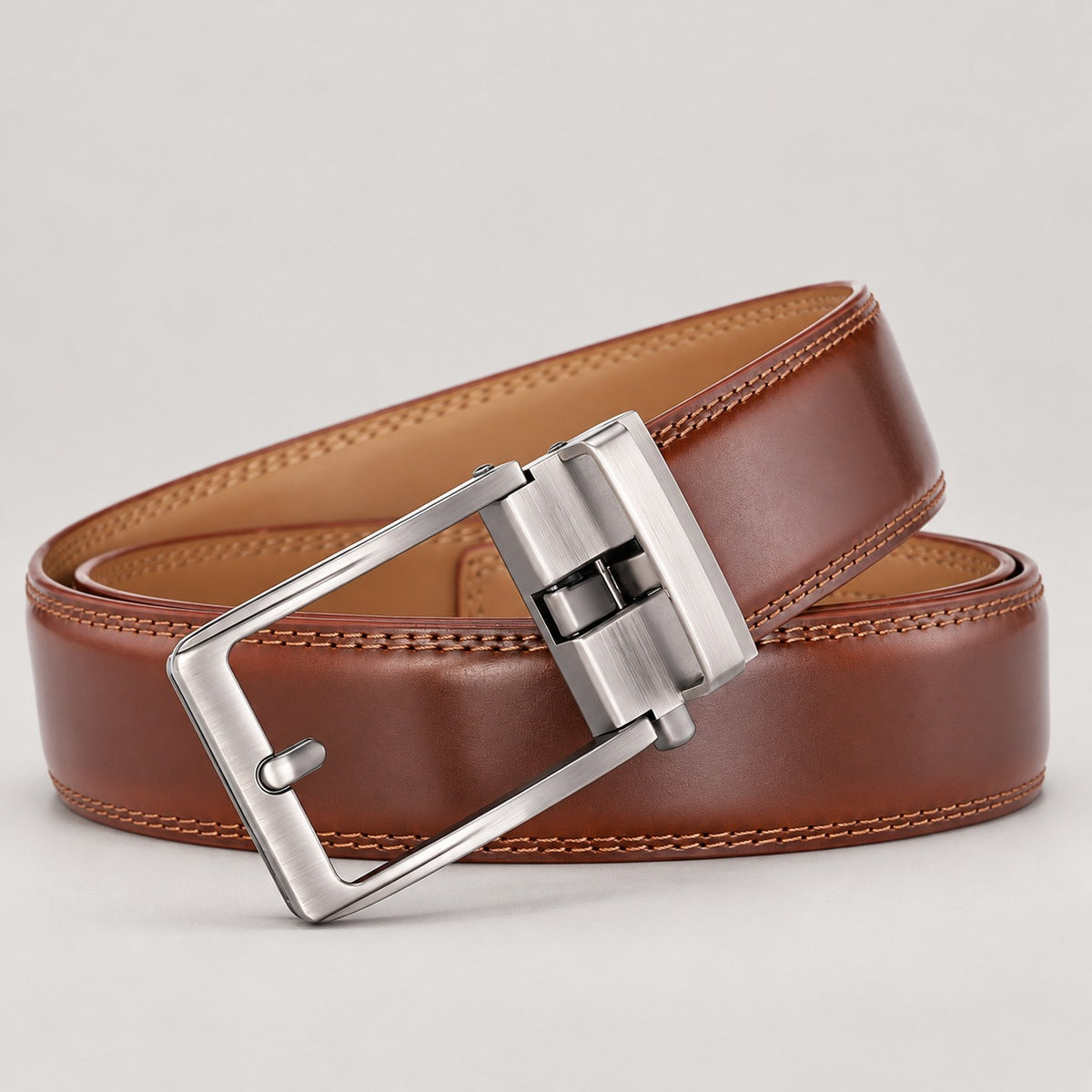 Leather Ratchet Belt, No Holes – Men – Brown · Open-Frame Buckle – front