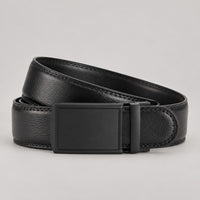 Leather Ratchet Belt, Slim Buckle – Men – Black · Black Plate Buckle – front