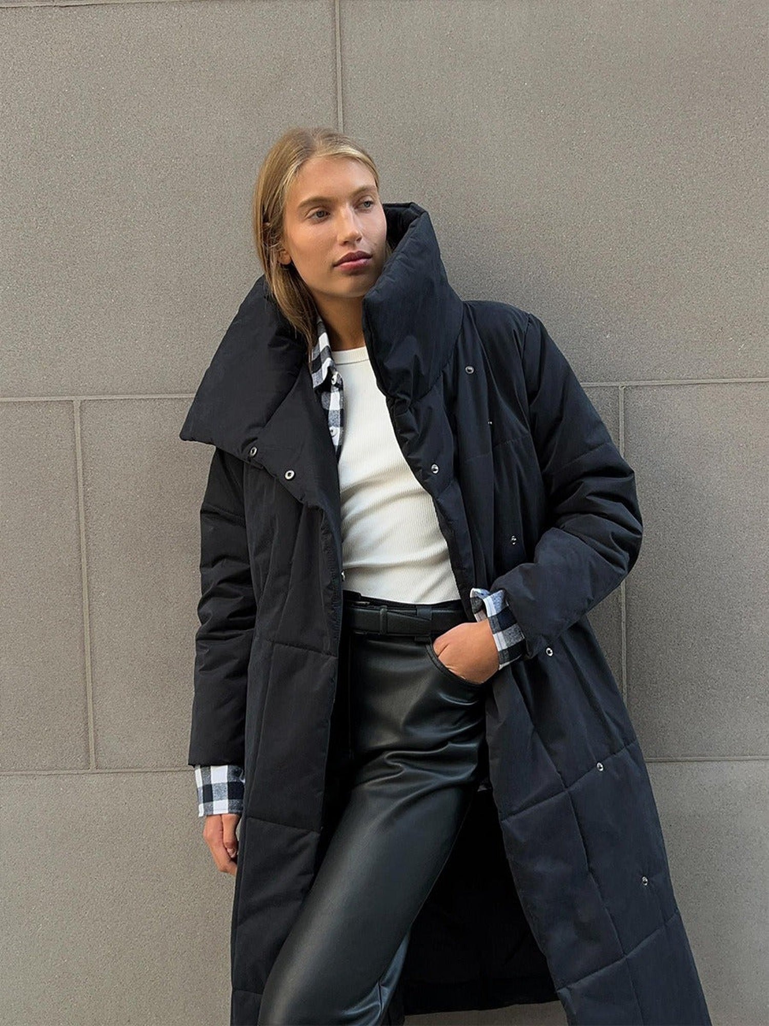 100% Polyester Long Belted Puffer Coat, Funnel Collar – Women – Black – worn