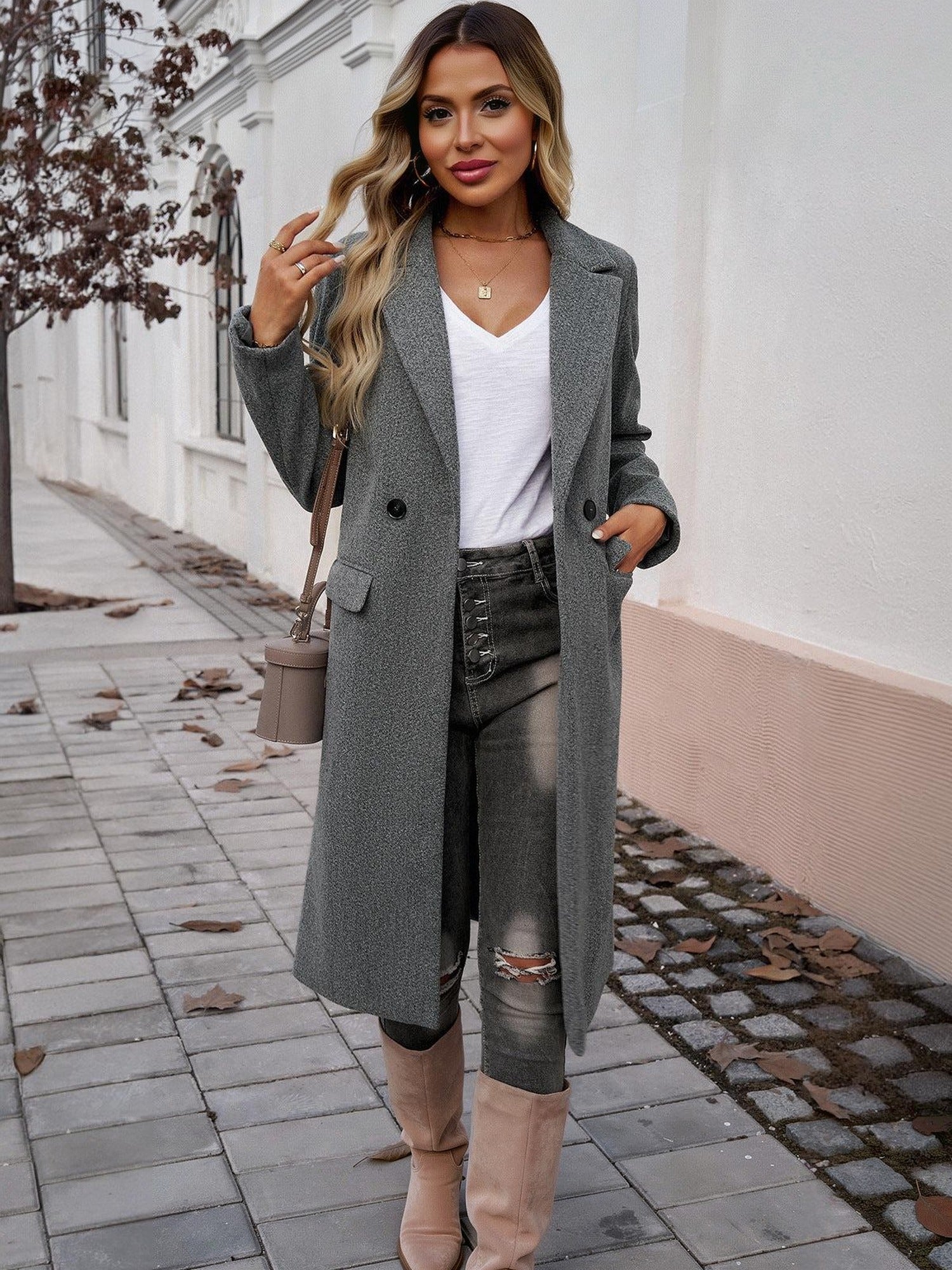 100% Polyester Long Notch-Lapel Coat – Women – Grey – front
