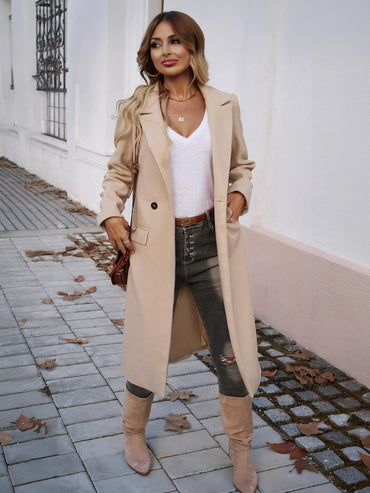 100% Polyester Long Notch-Lapel Coat – Women – Beige – front