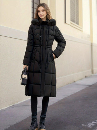 100% Polyester Long Puffer Coat, Faux-Fur Hood – Women – Black – worn