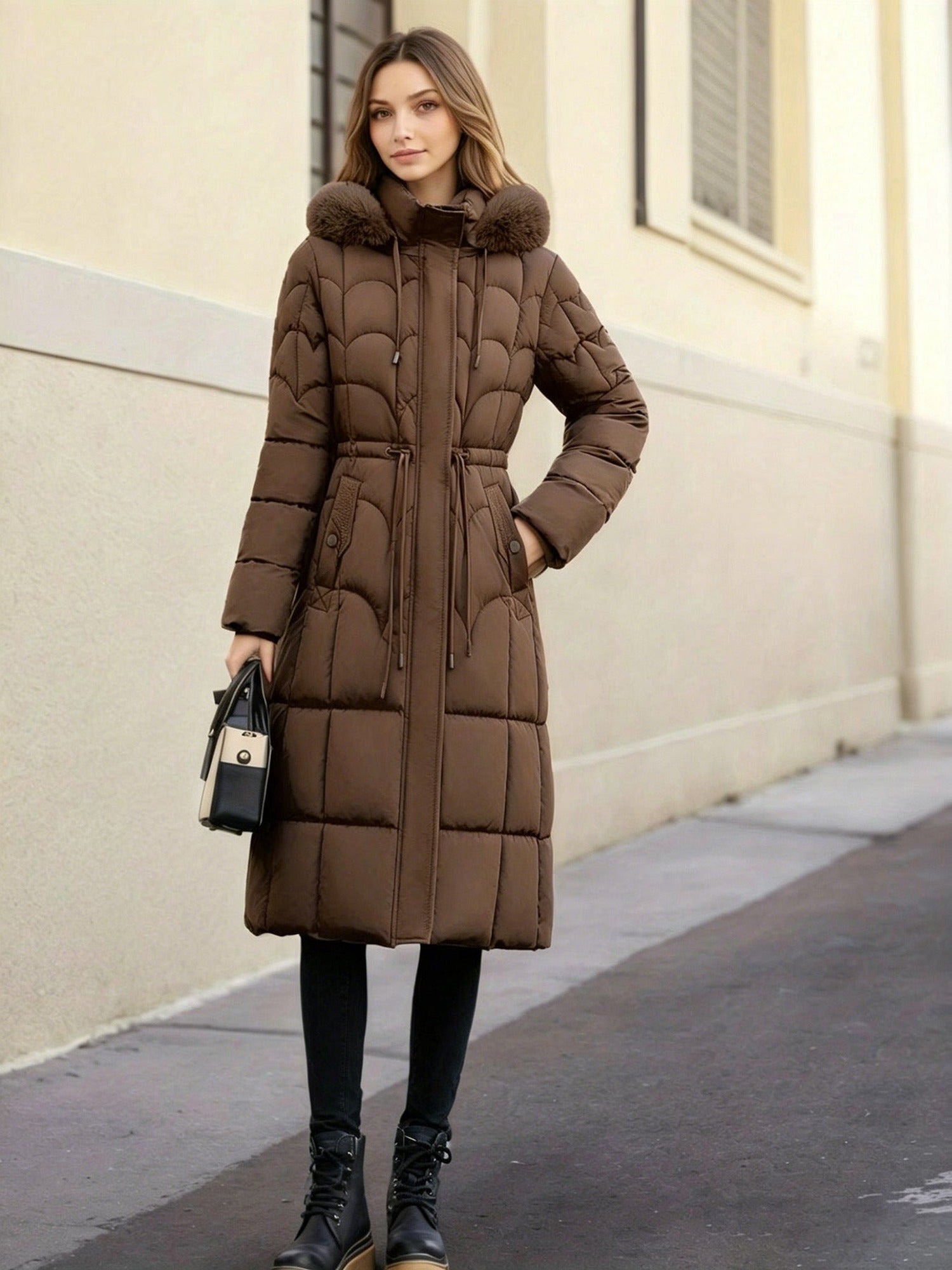 100% Polyester Long Puffer Coat, Faux-Fur Hood – Women – Brown – worn