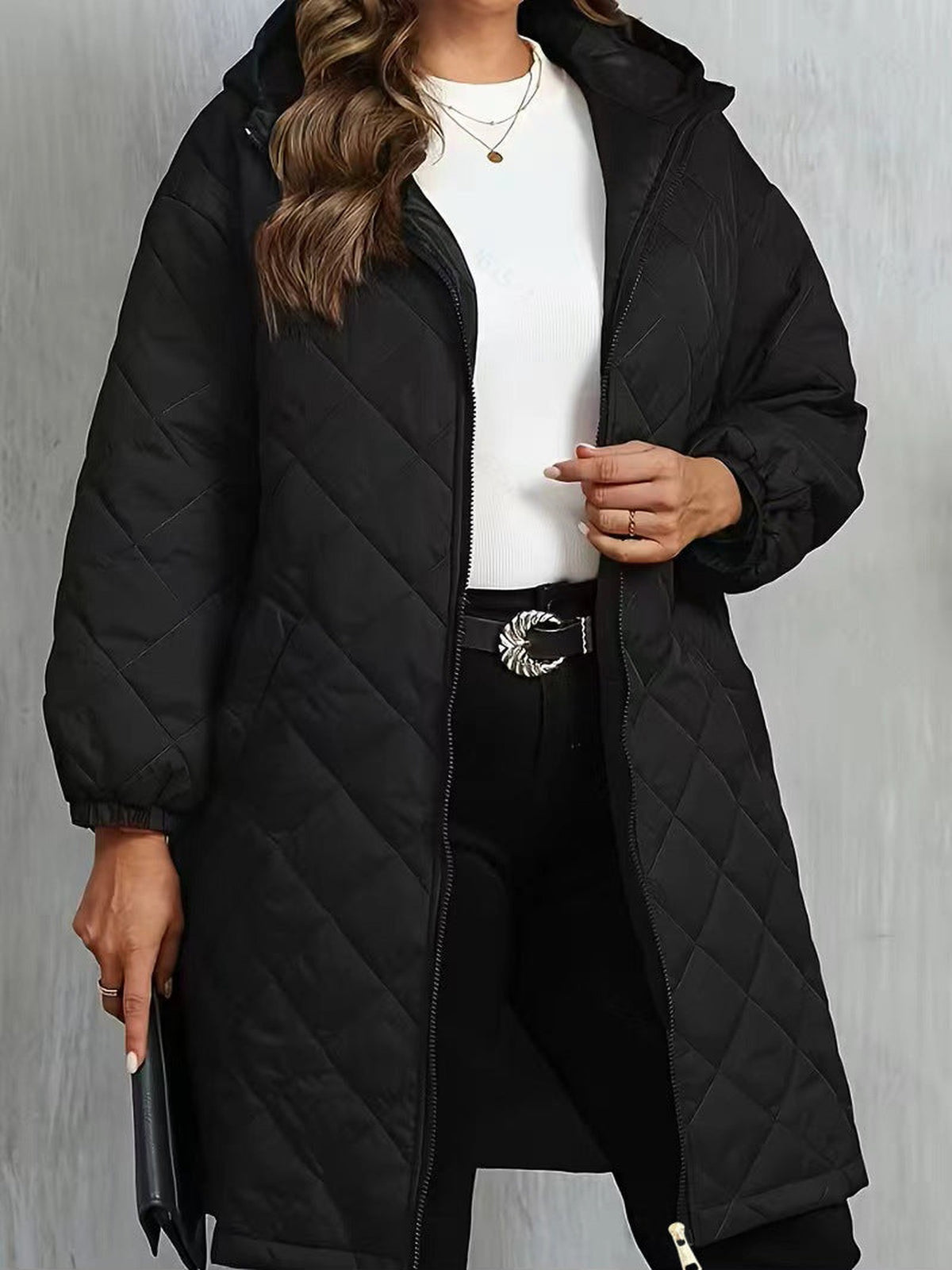 100% Polyester Long Quilted Hooded Coat – Women – Black – worn