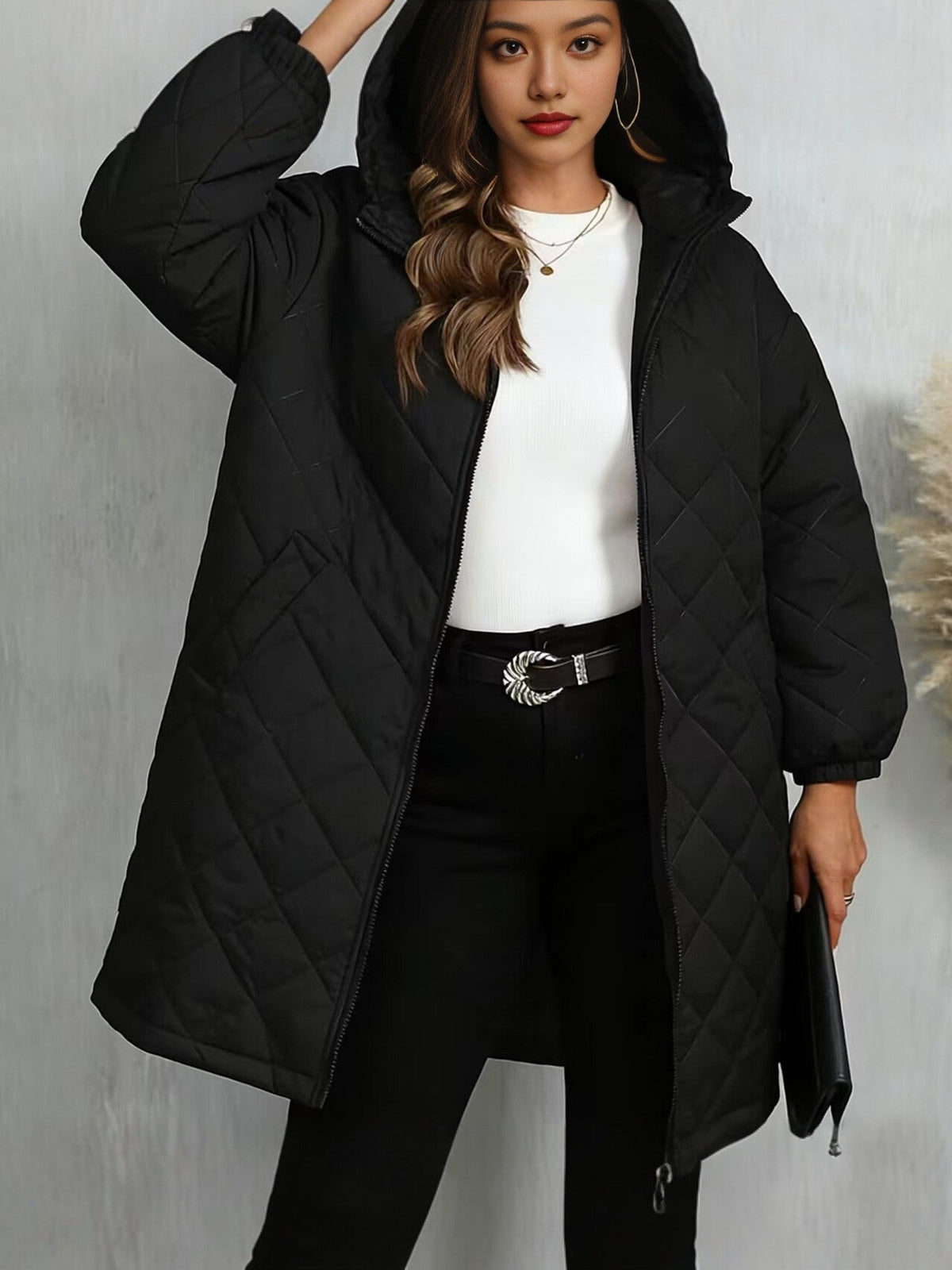 100% Polyester Long Quilted Hooded Coat – Women – Black – worn