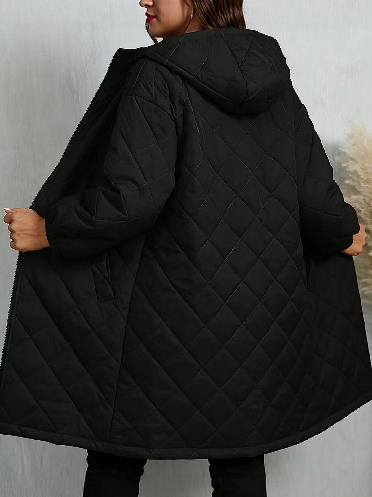 100% Polyester Long Quilted Hooded Coat – Women – Black – back
