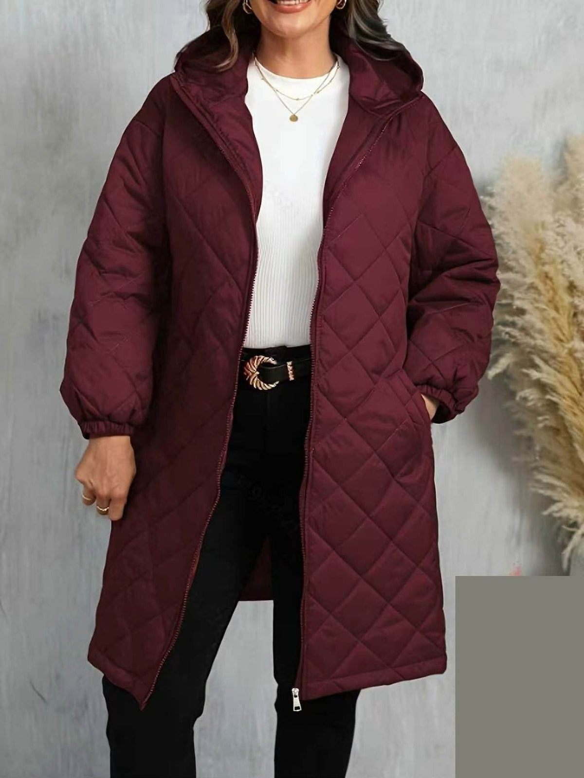100% Polyester Long Quilted Hooded Coat – Women – Burgundy – worn