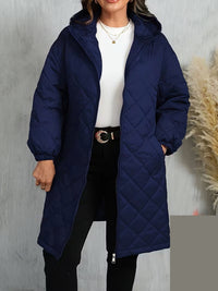 100% Polyester Long Quilted Hooded Coat – Women – Navy – worn