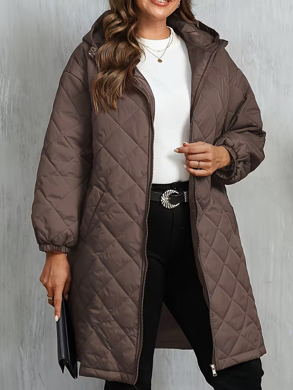 100% Polyester Long Quilted Hooded Coat – Women – Brown – worn