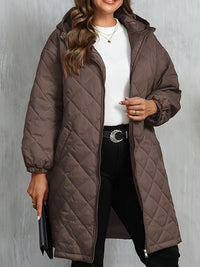 100% Polyester Long Quilted Hooded Coat – Women – Brown – worn