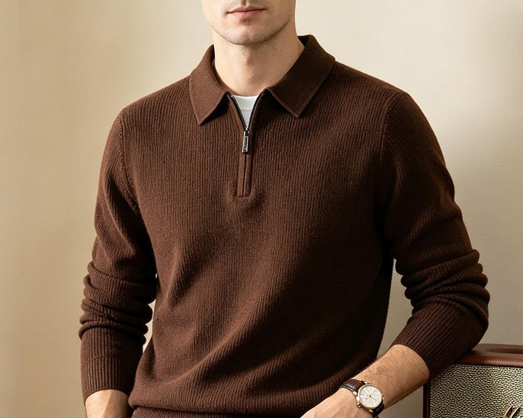 Quarter-Zip Knit Polo Sweater – Men – Chocolate – worn, front