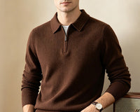 Quarter-Zip Knit Polo Sweater – Men – Chocolate – worn, front