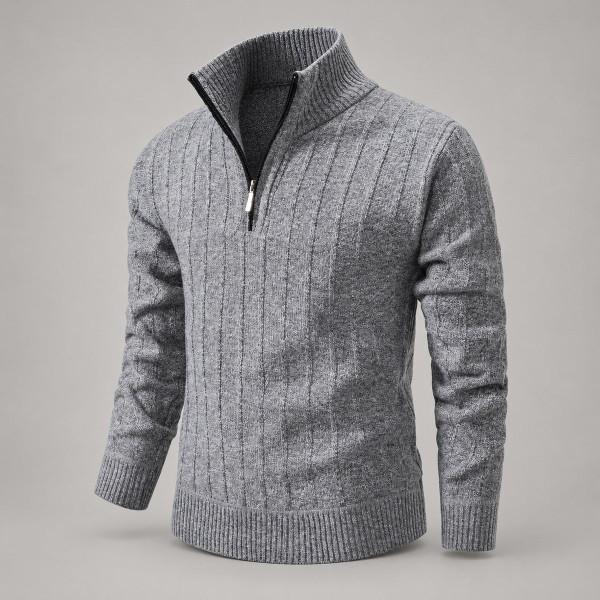 Marled Cable Knit Quarter-Zip Sweater – Men – Grey – three-quarter