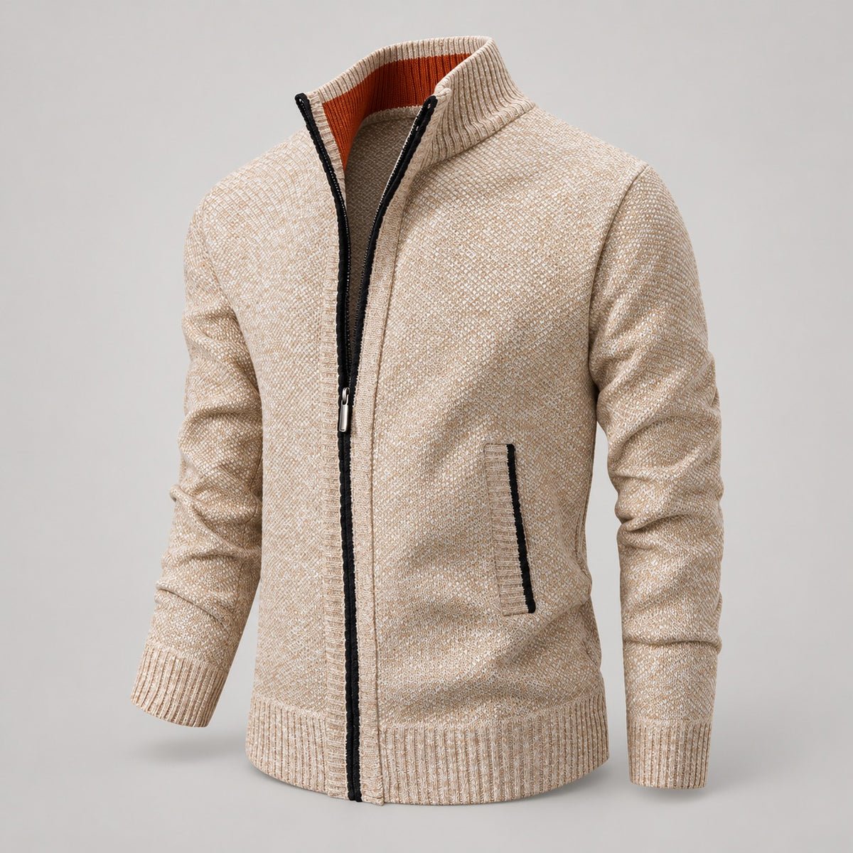 Marled Knit Zip Cardigan, Stand Collar – Men – Beige – front
