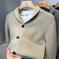 Shawl-Collar Ribbed Knit Cardigan – Men – Stone – front, close