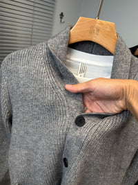 Shawl-Collar Ribbed Knit Cardigan – Men – Grey – collar detail