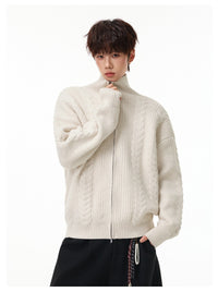 Cable Knit Zip Cardigan, Stand Collar, Relaxed Fit – Men – Cream – worn
