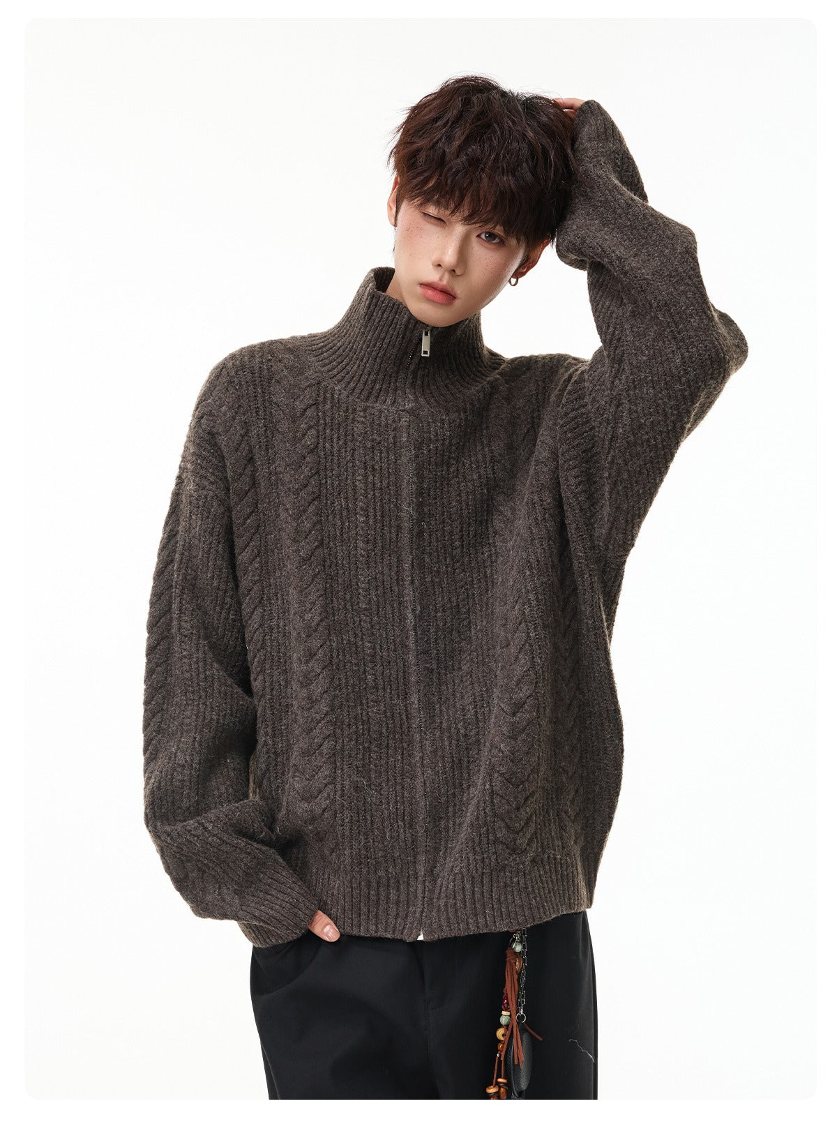 Cable Knit Zip Cardigan, Stand Collar, Relaxed Fit – Men – Chocolate – worn, front
