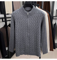 Cable Knit Zip Cardigan, Ribbed Stand Collar – Men – Grey – front