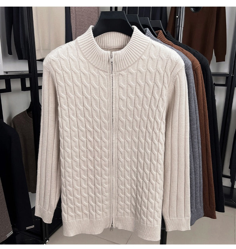 Cable Knit Zip Cardigan, Ribbed Stand Collar – Men – Cream – front, on rail