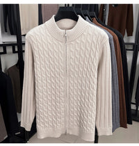 Cable Knit Zip Cardigan, Ribbed Stand Collar – Men – Cream – front, on rail