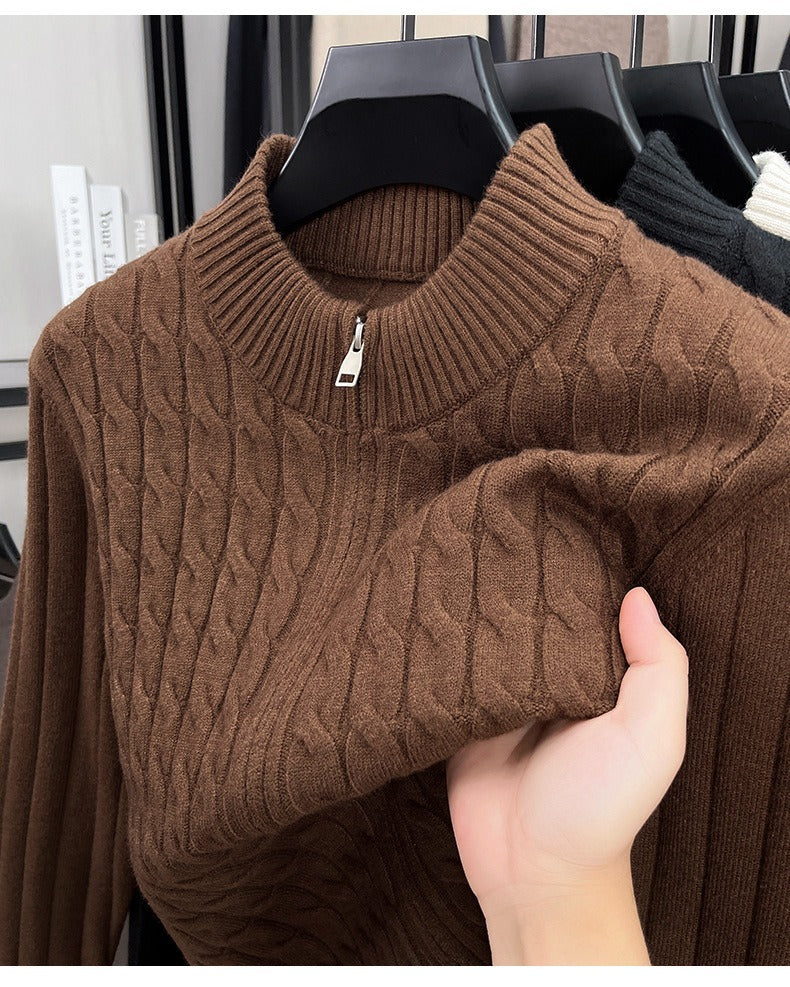 Cable Knit Zip Cardigan, Ribbed Stand Collar – Men – Brown – collar